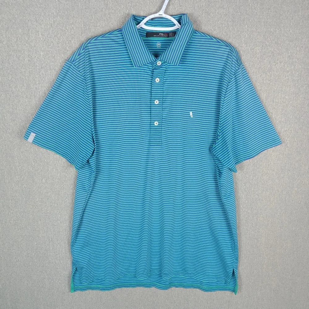 RLX Ralph Lauren Polo Shirt Blue Green Striped Large Golf Performance Preppy